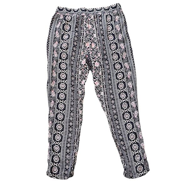 BCBG Maxazria BohoGrey Pink Black Floral Dressy Jogger Pants M Elastic Waist NEW - Picture 1 of 12